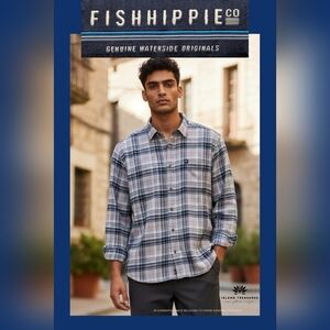 FISHHIPPIE CO. Rumfront Collection Men Sz Large Costal Inspired Blue Plaid Shirt